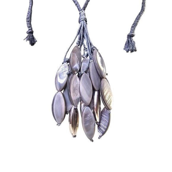 J Jill Necklace Abalone Sculpted Shell Tassel‎ Pendant & Braided Grey Cord Adj. - Picture 2 of 7